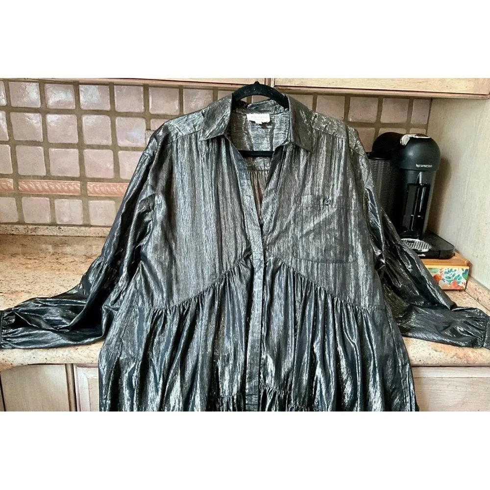 Anthropologie Pilcro Dress V Black Metallic Hi Lo Long Sleeve Midi Maxi - Picture 5 of 9